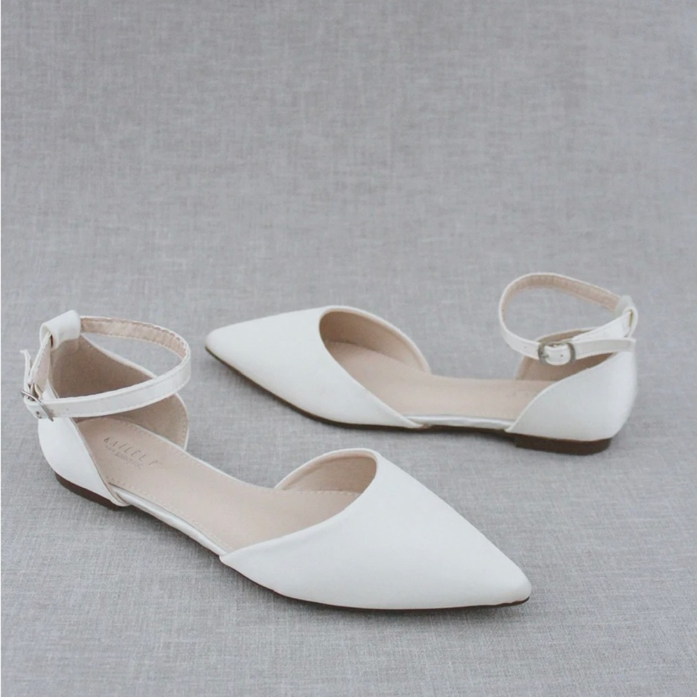 Kailee P Ivory Satin Pointy Toe Flats with Ankle Strap